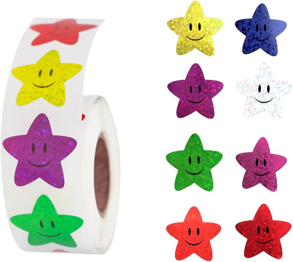 Star Smiley Stickers for Rewarding Student Behaviour - 8 Colour Glitter Star Stickers for Teachers, 2 Pack