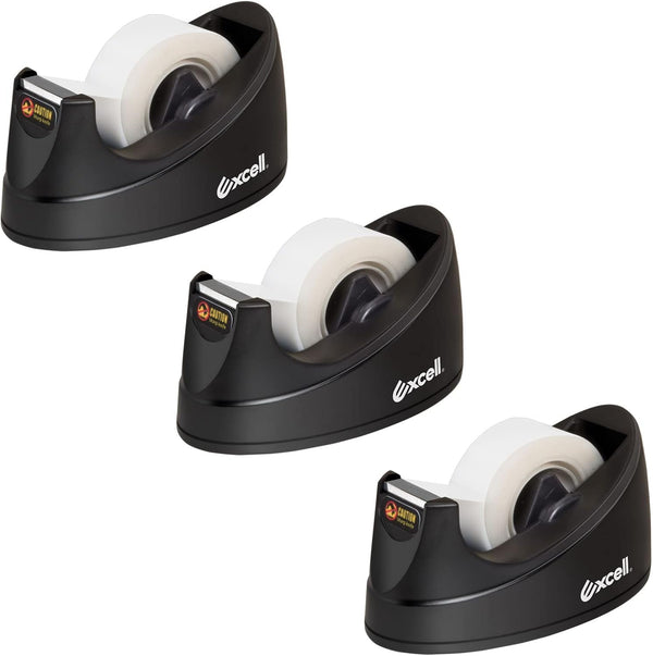 Excell Mini Desktop Tape Dispenser (1" core) with Adhesive Bottom, Easy for One-Hand Use (3 Pack)