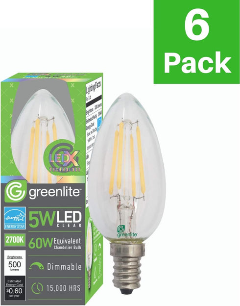 Greenlite B11 5W Bulb, 60W 500 2700K Dimmable, 120V, E12 (6 Pack) LED Torpedo Filament Chandelier Light Equivalent
