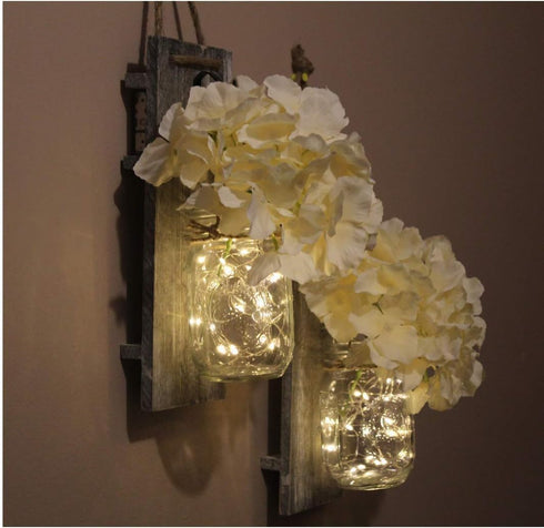 YI LIGHTING Set 2 of - Rustic Wall Sconces - Mason Jars Sconce with Remote Control, Flowers, LED Fairy Lights for Home