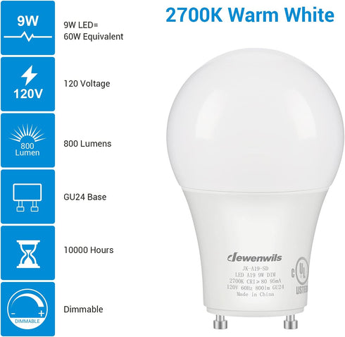 DEWENWILS GU24 LED Light Bulb, 60W Equivalent, 9W 800 Lumens, Dimmable 2 Prong, 2700K Warm White, A19 Shape, 4 Pack