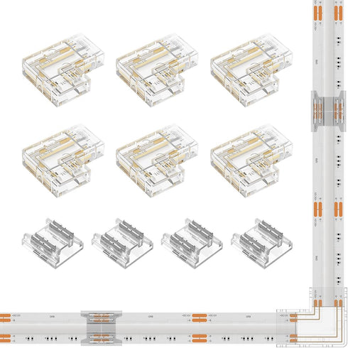 BTF-LIGHTING FCOB COB 10mm LED Strip Connector Kit, 6Pcs 4 Pin Transparent L-Shaped Connectors for PWM RGB LED Strip