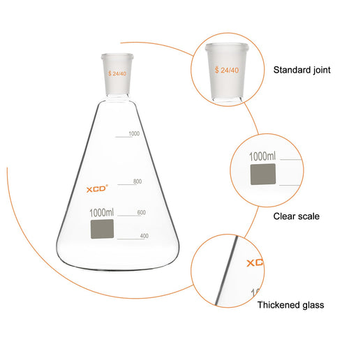 XCD Erlenmeyer Flask, Heavy Wall Borosilicate Glass with 24/40 Standard Taper Outer Joint, 1000 ml