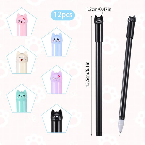 TIESOME 12Pcs 0.5mm Kawaii Cat Pens, Black Ink Cute Cat Style Gel Pens Stationary Supplies for Cat Lovers Women Kids