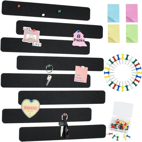 Vuzvuv 8Pcs Black Cork Board Bar Strips with 50 Pushpins & Sticky Notes, Self-Adhesive Bulletin Board Strips