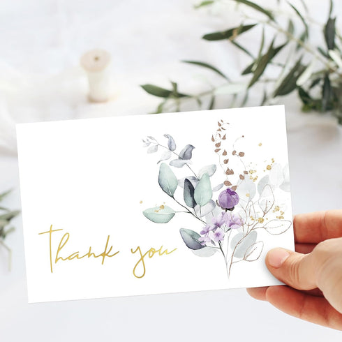 50 Pack 4 6 Inch JarThenaAMCS Greenery Floral Thank You Cards Boxed Purple Flower Greeting Cards with Envelope Sticker
