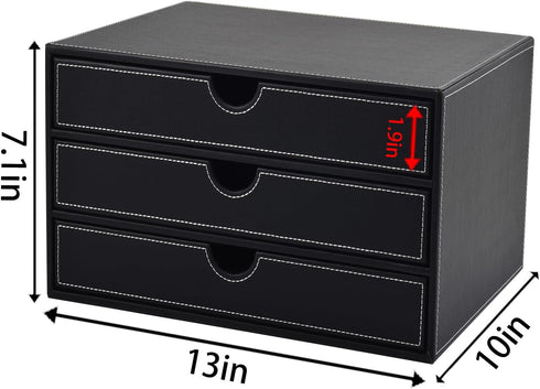 PU Leather Desk Organizer with 3 Drawers, Black Executive Office Supplies Desktop Filing A4 File Cabinet for