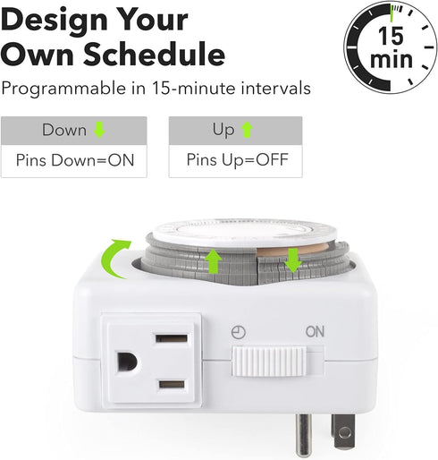 HBN Indoor Timers for Lamps, 24 Hour Plug-in Mechanical Timer, Dual Outlets, 15 Minute Intervals, Heavy Duty Daily