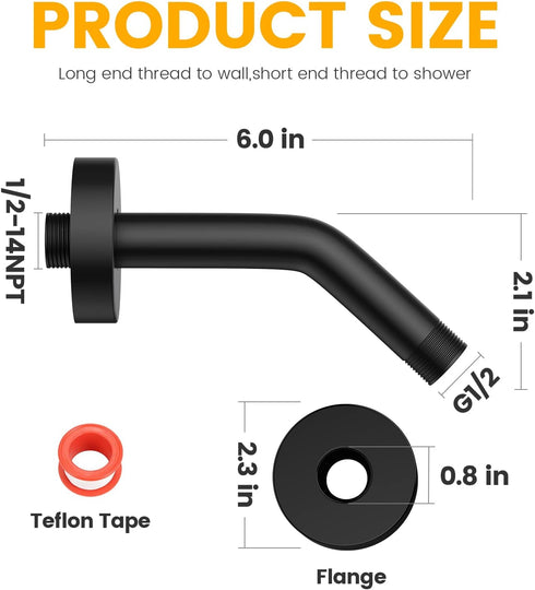 YASFEL Black Shower Arm 6" Extension Arm Pipe with Flange and Teflon Tape for Shower Head & Handheld Shower Head (SUS
