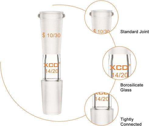 XCD Glass Reducing Connecting Adapter, Borosilicate Glass for Lab Use, 10/30 Outer to 14/20 Inner Joint Adapter