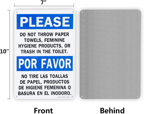 2 Pack Aluminum Sign 10"x 7" Please Do Not Throw Paper Towels, Feminine Hygiene Products, Or Trash In The Toilet