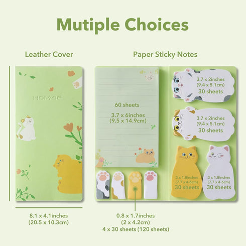 Hommie Cat Sticky Notes Set, 300 Sheets Cute Animal Pads for Cat Lovers, Kids Office School Creative Gifts
