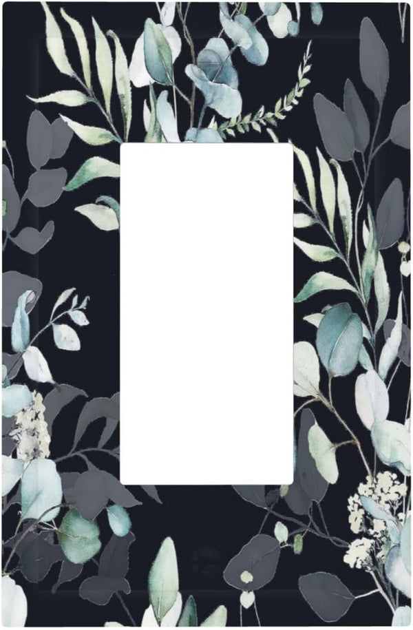 Decorative Switch Plate Covers, Boho Black/Grey Eucalyptus Leaf Floral 1 Gang Light Switch Cover for Home Decor