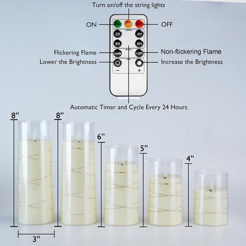 Set 5(H4 5" 6" 8" 8") Homemory Flameless Candles with Embedded Star String Fairy Lights, Battery Operated Candles, LED
