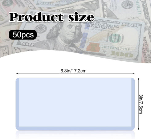 Rainmae 50 Pack Hard Plastic Clear Money Holder - 6.8" x 2.9" PVC Transparent Bill Money Top-Load Sleeves Display