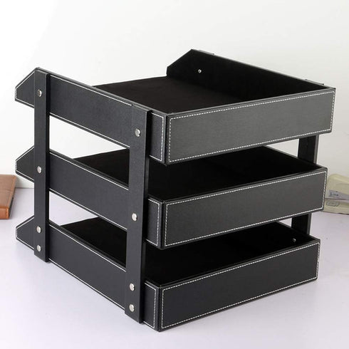 Leather Desk File Organizer, 3-Layer Stackable Tray for Documents, Folders, Stationery, and Other Home Office Sundries