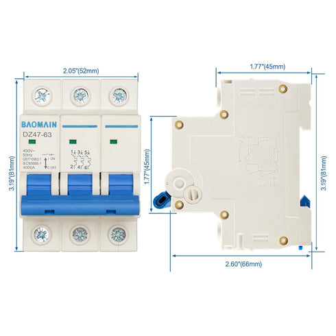 Baomain 3 Pole Miniature Circuit Breaker, 40A 400V DZ47-63, 4 kA AC MCB C40, DIN Rail Mount (C40, 40Amp)