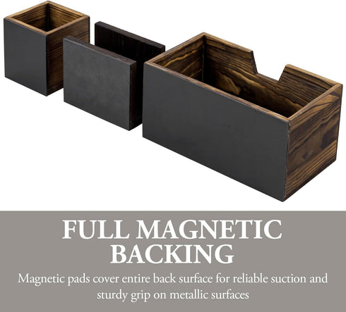 MyGift Magnetic Storage Trays, Rustic Burnt Solid Wood Office Supplies Baskets with Mail Sorter and Pen Holder, 3 Piece
