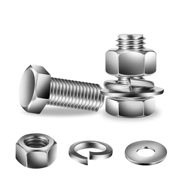 1/2-13 x 1" Hex Head Screw Bolt, Nuts, Flat & Lock Washers, 10Pcs 18-8 (304) Stainless Steel Fully Threaded