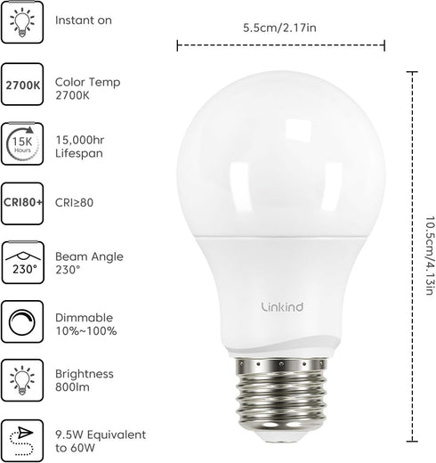 Linkind A19 LED Light Bulbs Dimmable, 60W Equivalent, 2700K Soft White, 9.5W 800 Lumens, E26 Standard Base, UL Listed, Lighting for Bedroom Living Room Home Office, 6 Packs by Linkind