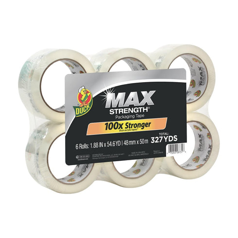 Duck Max Strength Heavy Duty Clear Packaging Tape, 6 Rolls, 327.6 Yards, 1.88 In. x 54.6 Yd.