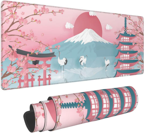 Japanese Ocean Waves Gaming Mouse Pad XL - Non Slip Rubber Base, Stitched Edges, Extended Large Desk Pad (31.5 x 11.8