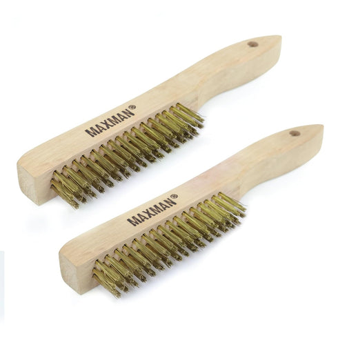 MAXMAN Brass Brush, Heavy Duty Brass Wire Brush Set 2Pcs, Metal Brush, Wire Brushes for Cleaning Rust with 10"Curved Beechwood Handle