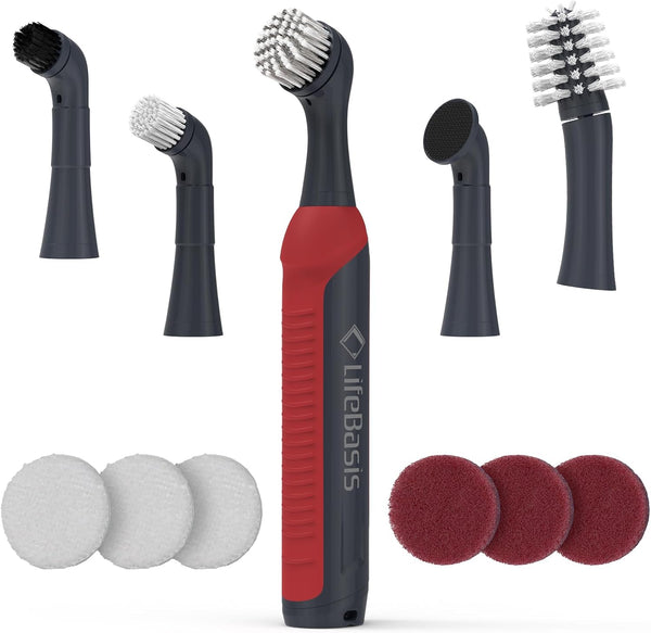 LifeBasis Rechargeable Power Scrubber 11-Piece Kit, Cordless Electric Cleaning Brush, IPX7 Waterproof