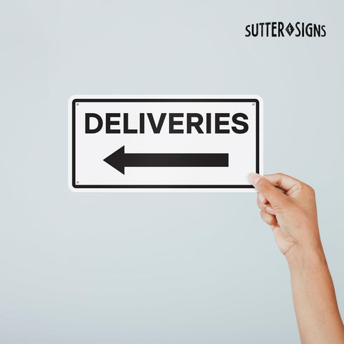 Deliveries with Left Arrow Sign, 12" x 6" Aluminum Delivery Sign for Home, Office, Commercial Buildings