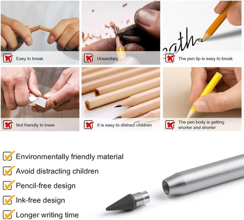 AUAUY 2PCS Stylish Metal Pencil, Reusable Everlasting Pencil with 2 Replaceable Nibs for Writing, Drawing, Sketching.