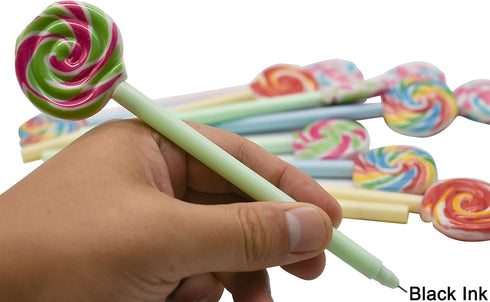Maydahui 20PCS Rainbow Swirl Lollipops Shaped Rollerball Pens Black Gel Ink for School Office Home
