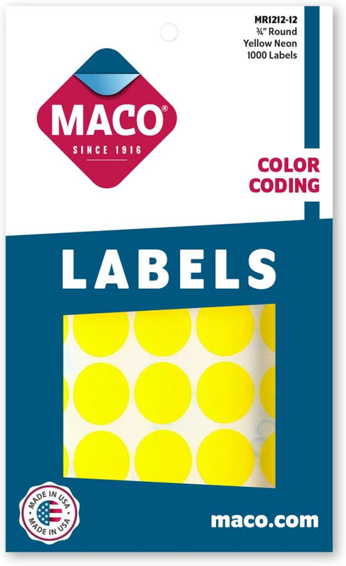 MACO Neon Yellow Round Color Coding Labels, 3/4 Inches Diameter, 1000 Per Box (MR1212-12)