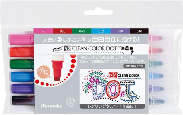 Kuretake TC-6100/6V ZIG Clean Color Dot Water-Based Pen, 6 Colors