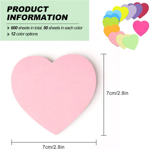 Self-Sticky Notes, Sticky Notes, 12 Colors Heart Bright Colorful Sticky Pad, for School Office Bible Study 2.76 x 2.76 Inch 600 Sheets by YZDZSW