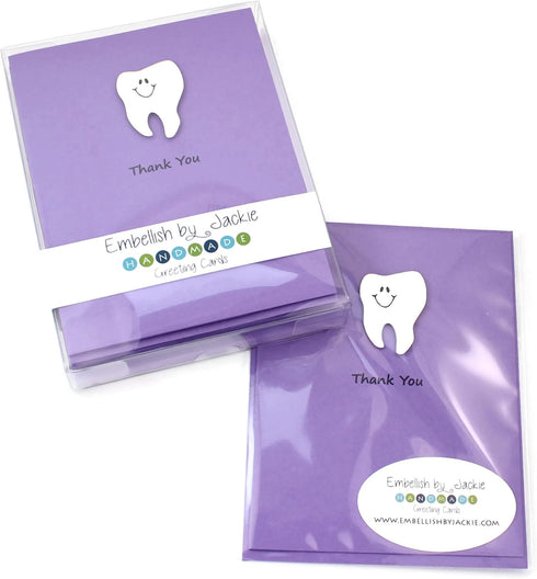 Embellish by Jackie Pack 10 Tooth Thank You Cards of Purple with smile Handmade Greeting