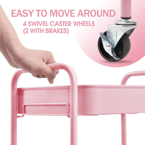 TOOLF 3-Tier Rolling Cart, Pink Metal Utility Cart with Lockable Wheels, Easy Assembly for Baby Room, Bathroom, Kids'