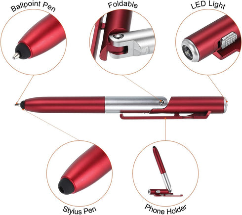 MECCANIXITY Multifunction Stylus Pen, Capacitive Touch Screen Ballpoint Pens with LED Light, Red, Foldable Phone Holder