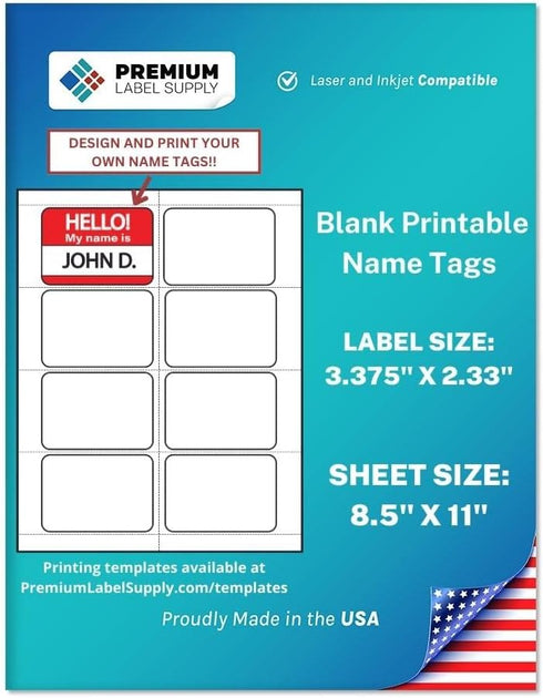 Premium Label Supply Blank Printable Name Tag Stickers - 2-1/3" x 3-3/8" - Laser/Inkjet Compatible – (8 Labels/Sheet), 25 Sheets – 200 Total Adhesive Name Tags