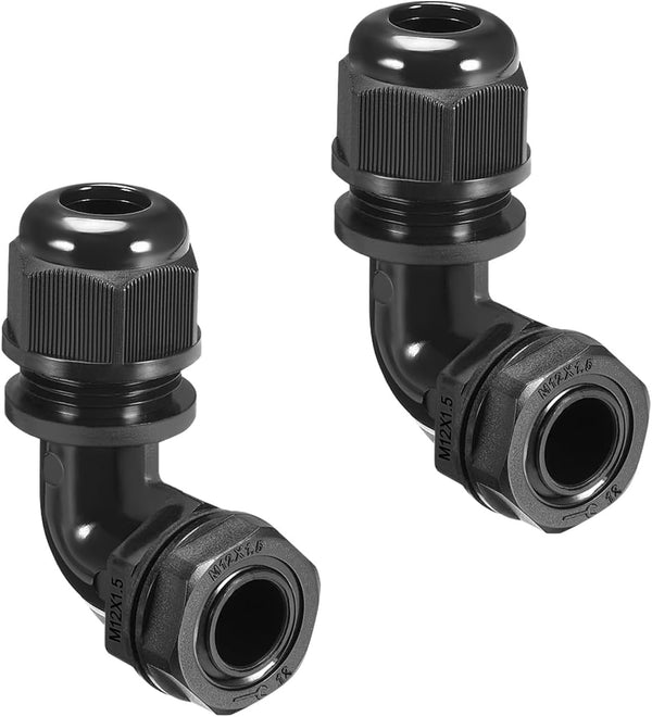 LeMotech M12 Cable Gland, 90 Degree Adjustable 4-8mm Strain Relief Cord Connectors, 2 Pcs, Black