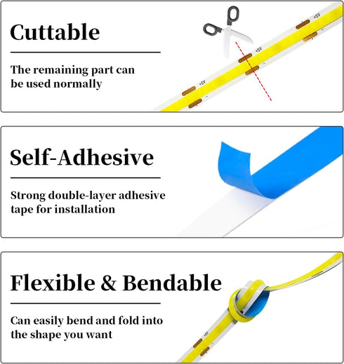 6.6ft 2M 5V 640LEDs 6000K Dimmable 93+ iNextStation USB COB LED Strip Light, Cold White USB LED Strips CRI Flexible LED