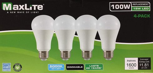 Maxlite 4 Pack Dimmable A19 LED Bulb, 100W Daylight 5000K