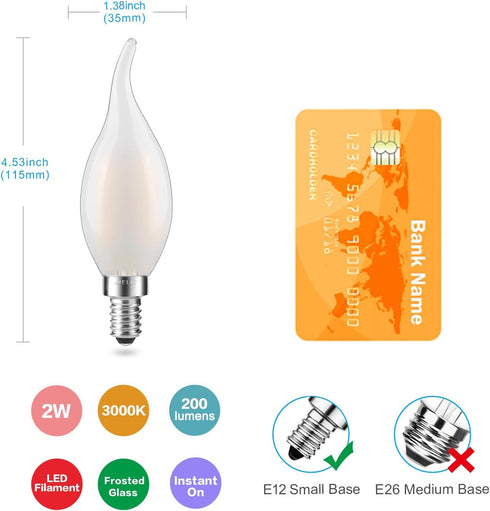 E12 Bulb, 2 Watt(25W 3000K, Dimmable CA10 Bulbs 3-Pack Frosted LED Candelabra Equivalent), Soft Wihte Flame Tip LED