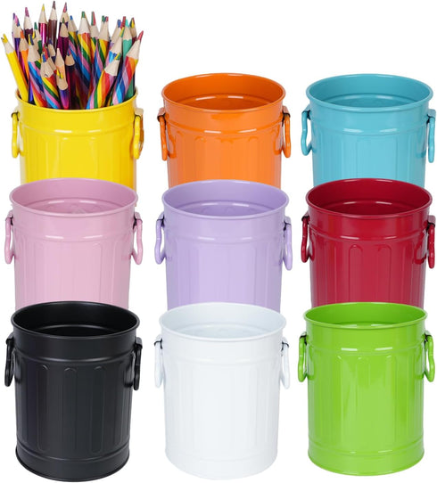 9 Pack Metal Pen Holders, Colorful Desktop Pencil Cups, Mini Pencil Bucket with Handle, Makeup Brush Storage