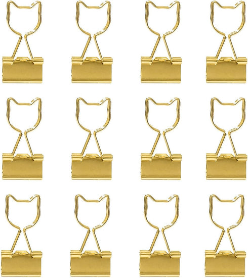 Gold Binder Clips Small, Cat Shaped 3/4-Inch Medium Gold Paper Clips for Office Decor Supplies (12pcs)