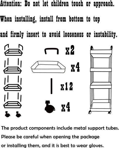 Dalekana 4-Tier 8.2W 13L 35.8H Plastic Clear Rolling Utility Cart with Wheels, Lightweight-Usage Multifunctional