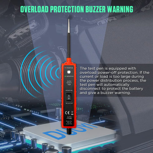 Power Circuit Probe Tester 6V-24V DC Test Light with LED Light, Long Test Lead, Overload Protection, Polarity Identify