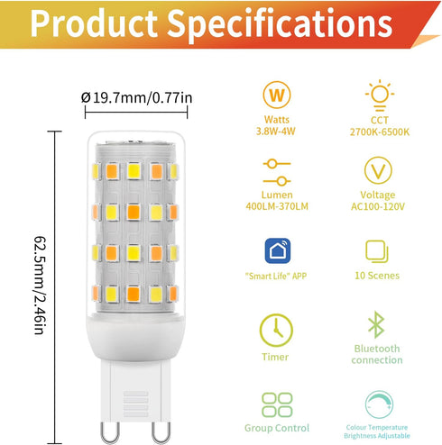G9 Bulbs Dimmable Bulb, 120V, 2700K-6500K, 1%-100% 4W 400LM, (3 Pack Bulbs I-SHUNFA Smart LED with App Control