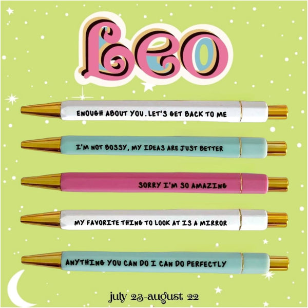 Jxueych 5 Pcs Leo Themed Ballpoint Pens, Inspirational Quotes, Medium Nib 1.0mm, Black Ink, Perfect Office Supplies Gift