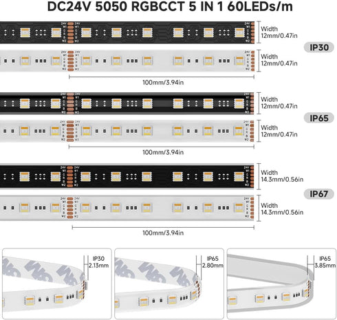 5 1 5050SMD RGB+Dimmable 2700K-6500K 16.4ft 60LED/m 300LED DC24V IP30 BTF-LIGHTING RGBCCT Colors in LED RGBWW Tunable