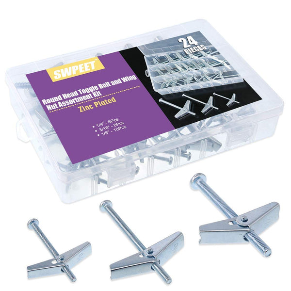 Swpeet 24 Pcs Assorted Toggle Bolt and Wing Nut Kit for Hanging Heavy Items on Drywall - 1/8 Inch, 3/16 Inch, 1/4 Inch